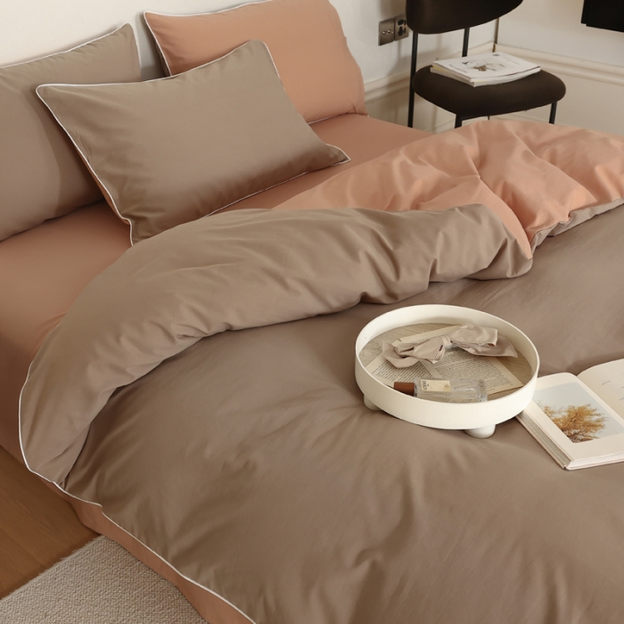 91家纺网 家纺一手货源 找家纺 万盛家纺 2025新款全棉水洗棉拼色四件套 浅咖拼软桃