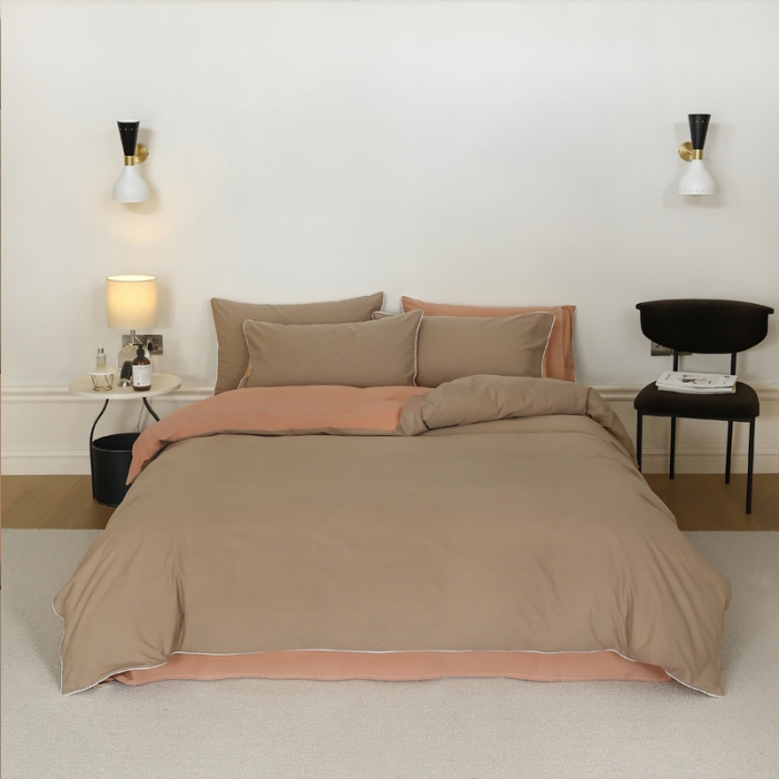 91家纺网 家纺一手货源 找家纺 万盛家纺 2025新款全棉水洗棉拼色四件套 浅咖拼软桃