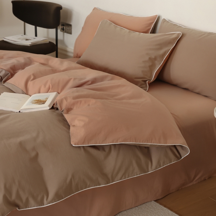 91家纺网 家纺一手货源 找家纺 万盛家纺 2025新款全棉水洗棉拼色四件套 浅咖拼软桃