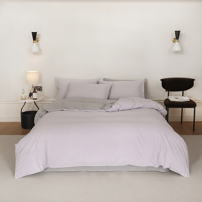 91家纺网 家纺一手货源 找家纺 万盛家纺 2025新款全棉水洗棉拼色四件套 浅紫拼灰