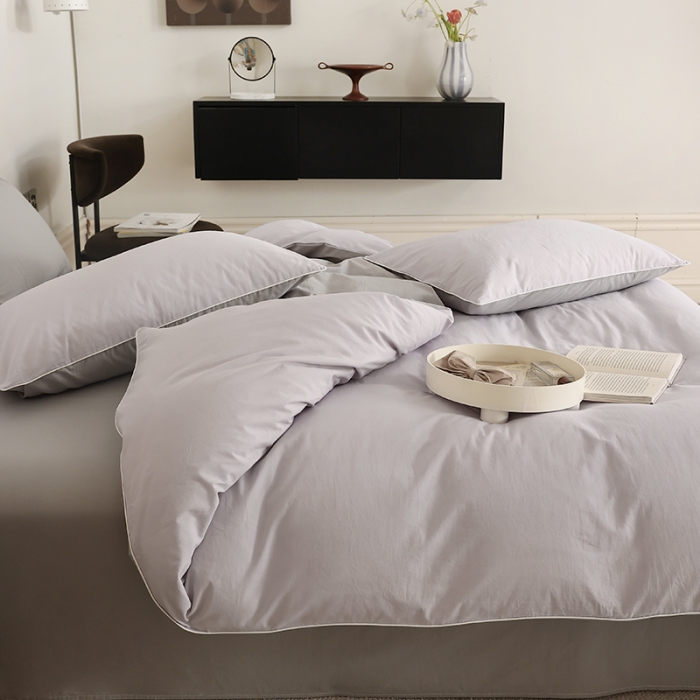 91家纺网 家纺一手货源 找家纺 万盛家纺 2025新款全棉水洗棉拼色四件套 浅紫拼灰