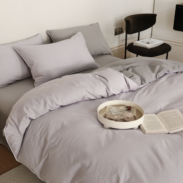 91家纺网 家纺一手货源 找家纺 万盛家纺 2025新款全棉水洗棉拼色四件套 浅紫拼灰