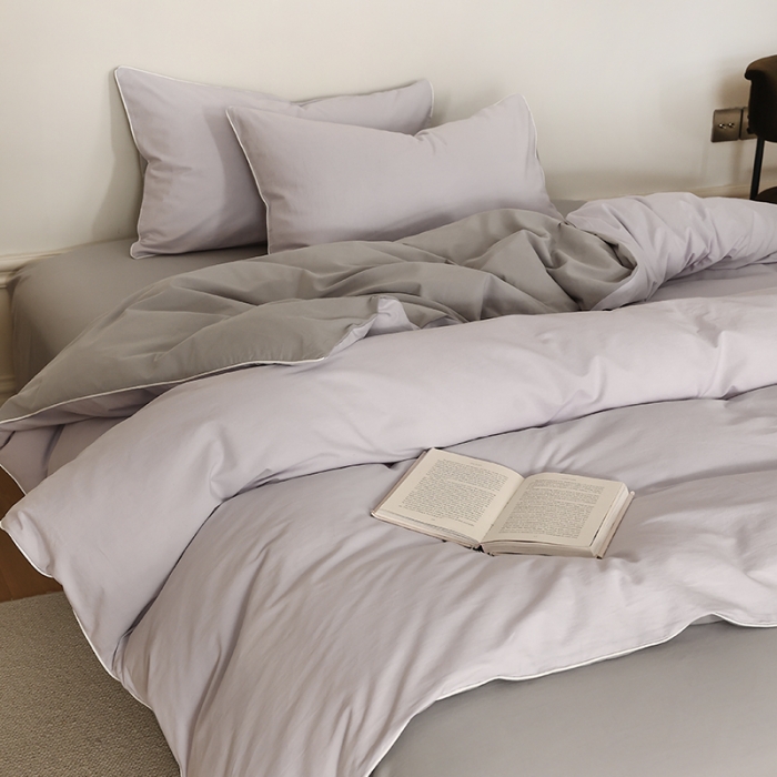 91家纺网 家纺一手货源 找家纺 万盛家纺 2025新款全棉水洗棉拼色四件套 浅紫拼灰