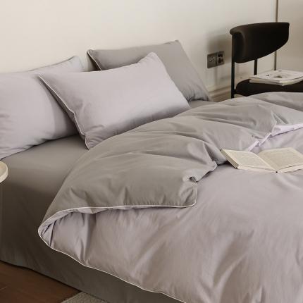 万盛家纺 2025新款全棉水洗棉拼色四件套 浅紫拼灰