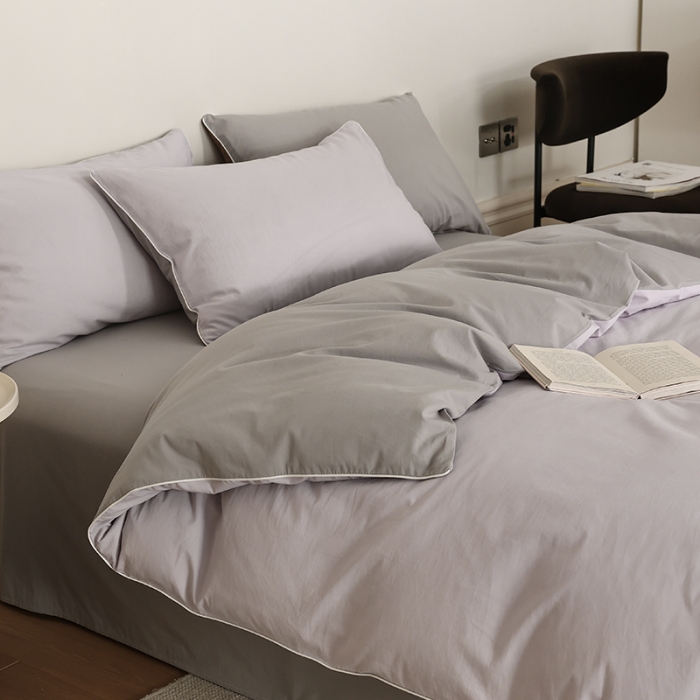 91家纺网 家纺一手货源 找家纺 万盛家纺 2025新款全棉水洗棉拼色四件套 浅紫拼灰