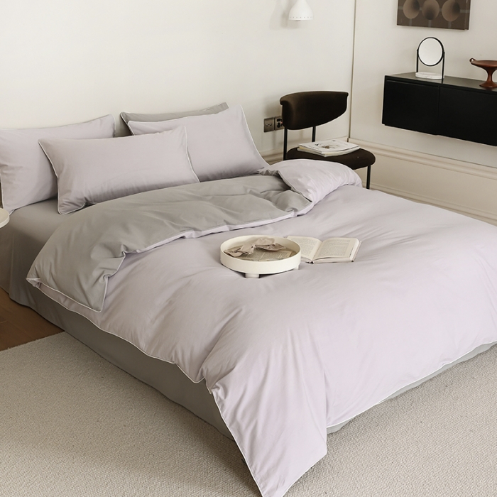 91家纺网 家纺一手货源 找家纺 万盛家纺 2025新款全棉水洗棉拼色四件套 浅紫拼灰