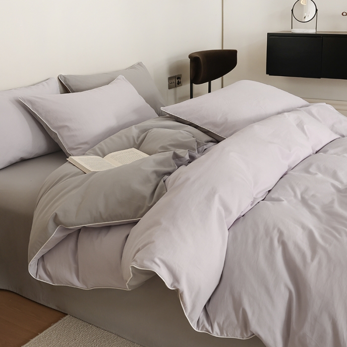 91家纺网 家纺一手货源 找家纺 万盛家纺 2025新款全棉水洗棉拼色四件套 浅紫拼灰