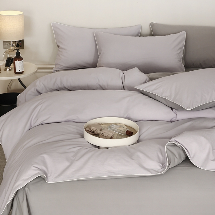 91家纺网 家纺一手货源 找家纺 万盛家纺 2025新款全棉水洗棉拼色四件套 浅紫拼灰