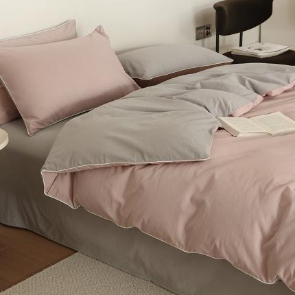 万盛家纺 2025新款全棉水洗棉拼色四件套 烟粉拼灰