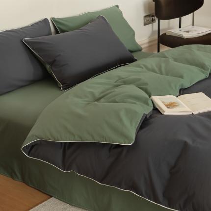 万盛家纺 2025新款全棉水洗棉拼色四件套 夜色灰拼军绿