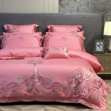 91家纺网 家纺一手货源 找家纺 美娘阁 2023新款秋冬双面长绒棉刺绣提花工艺系列款婚庆多件套 花开并蒂 粉色