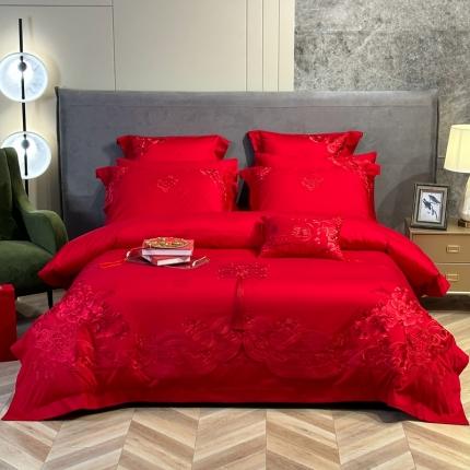 91家纺网 家纺一手货源 找家纺 美娘阁 2023新款秋冬双面长绒棉刺绣提花工艺系列款婚庆多件套 花开并蒂 红色