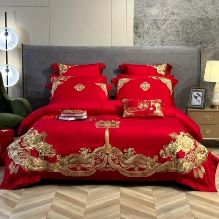 91家纺网 家纺一手货源 找家纺 美娘阁 2023新款秋冬双面长绒棉刺绣提花工艺系列款婚庆多件套 花开并蒂 金色