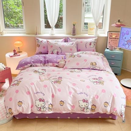 91家纺网 家纺一手货源 找家纺 桃子 2023新款三丽鸥正版授权纯棉印花系列四件套草莓Kitty