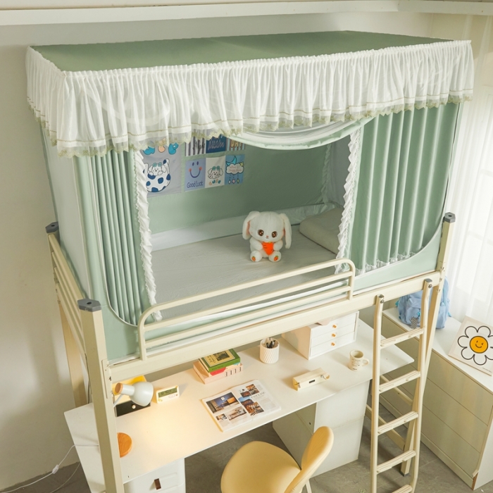 91家纺网 家纺一手货源 找家纺 梦尔佳 2023新款强遮光涂层储物防尘学生宿舍遮光蚊帐一体式 盛夏沫绿