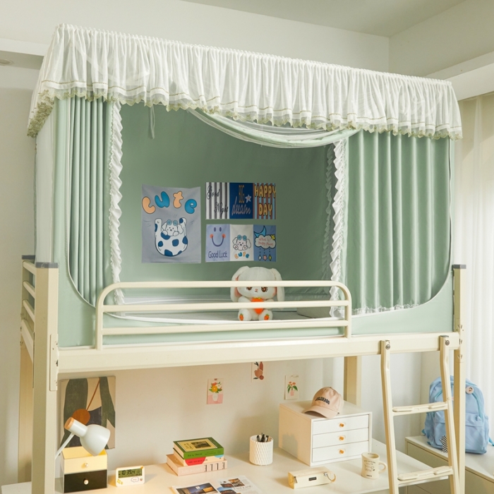 91家纺网 家纺一手货源 找家纺 梦尔佳 2023新款强遮光涂层储物防尘学生宿舍遮光蚊帐一体式 盛夏沫绿