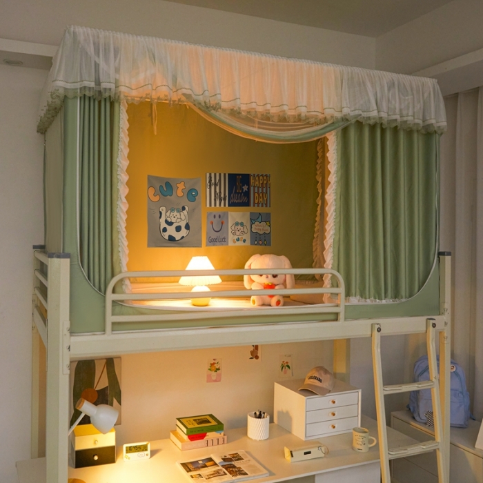 91家纺网 家纺一手货源 找家纺 梦尔佳 2023新款强遮光涂层储物防尘学生宿舍遮光蚊帐一体式 盛夏沫绿