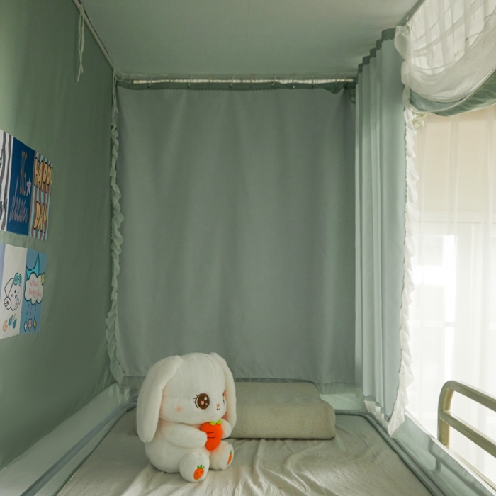 91家纺网 家纺一手货源 找家纺 梦尔佳 2023新款强遮光涂层储物防尘学生宿舍遮光蚊帐一体式 盛夏沫绿