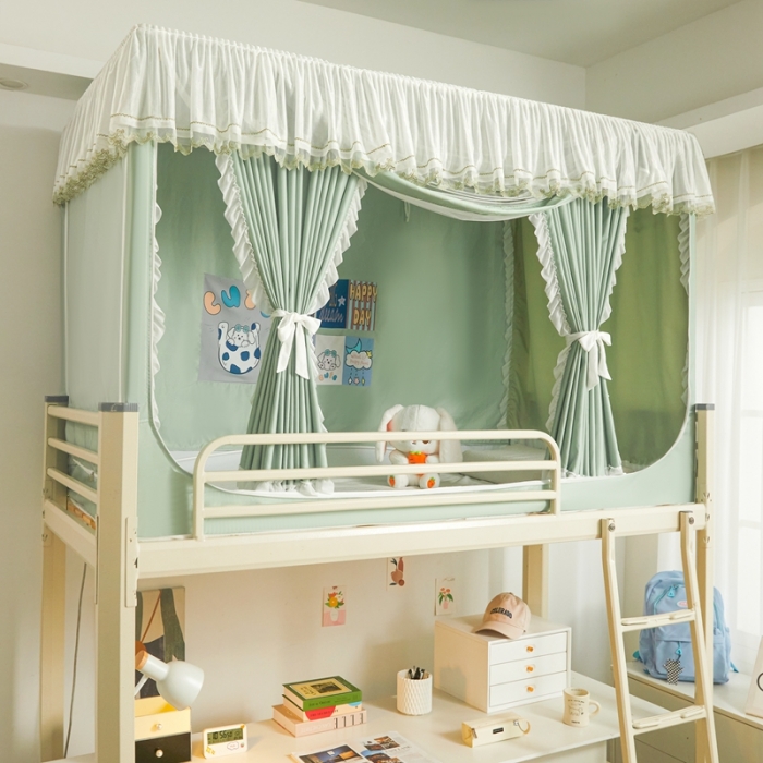 91家纺网 家纺一手货源 找家纺 梦尔佳 2023新款强遮光涂层储物防尘学生宿舍遮光蚊帐一体式 盛夏沫绿