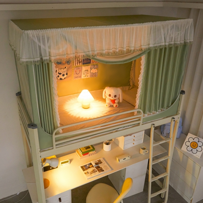 91家纺网 家纺一手货源 找家纺 梦尔佳 2023新款强遮光涂层储物防尘学生宿舍遮光蚊帐一体式 盛夏沫绿