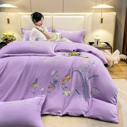 91家纺网 家纺一手货源 找家纺 漫布云2023大版花卉牛奶绒刺绣花四件套婴儿宝宝兔兔绒法莱金貂绒四件套