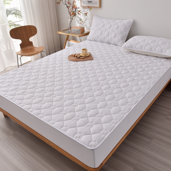 91家纺网 家纺一手货源 找家纺 A类新疆棉花填充夹棉床笠母婴级床笠单件纯色床罩保护罩套全包围 白