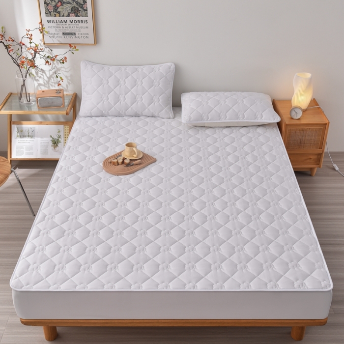 91家纺网 家纺一手货源 找家纺 A类新疆棉花填充夹棉床笠母婴级床笠单件纯色床罩保护罩套全包围 白