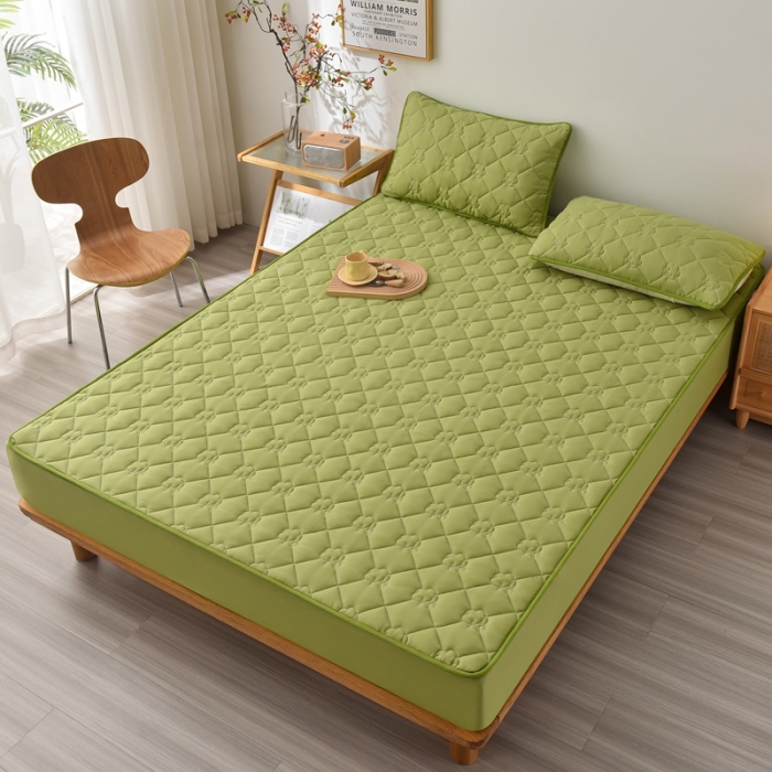 91家纺网 家纺一手货源 找家纺 A类新疆棉花填充夹棉床笠母婴级床笠单件纯色床罩保护罩套全包围 绿