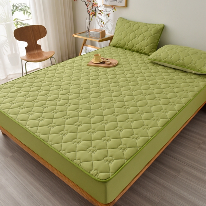 91家纺网 家纺一手货源 找家纺 A类新疆棉花填充夹棉床笠母婴级床笠单件纯色床罩保护罩套全包围 绿