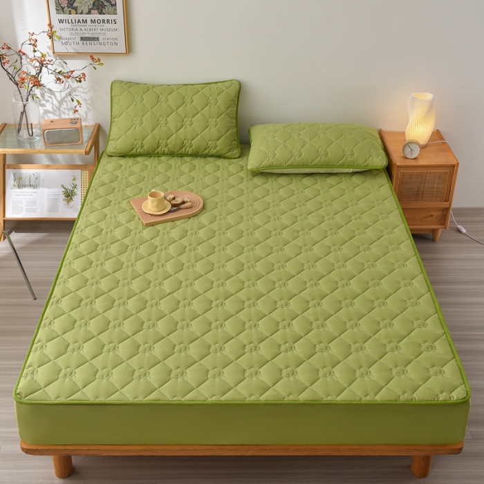 91家纺网 家纺一手货源 找家纺 A类新疆棉花填充夹棉床笠母婴级床笠单件纯色床罩保护罩套全包围 绿