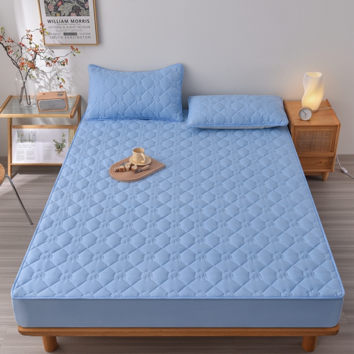 91家纺网 家纺一手货源 找家纺 A类新疆棉花填充夹棉床笠母婴级床笠单件纯色床罩保护罩套全包围 蓝