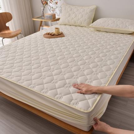 A类新疆棉花填充夹棉床笠母婴级床笠单件纯色床罩保护罩套全包围 米白