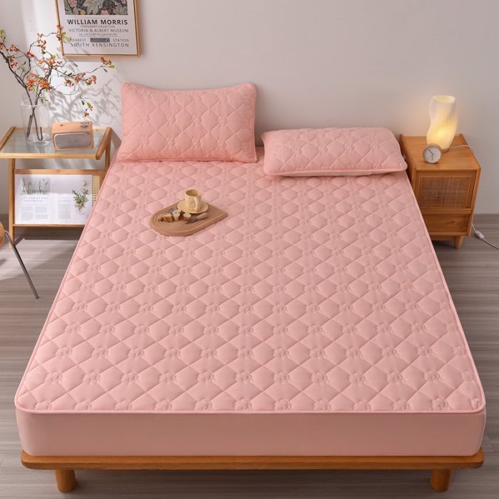 91家纺网 家纺一手货源 找家纺 A类新疆棉花填充夹棉床笠母婴级床笠单件纯色床罩保护罩套全包围 粉