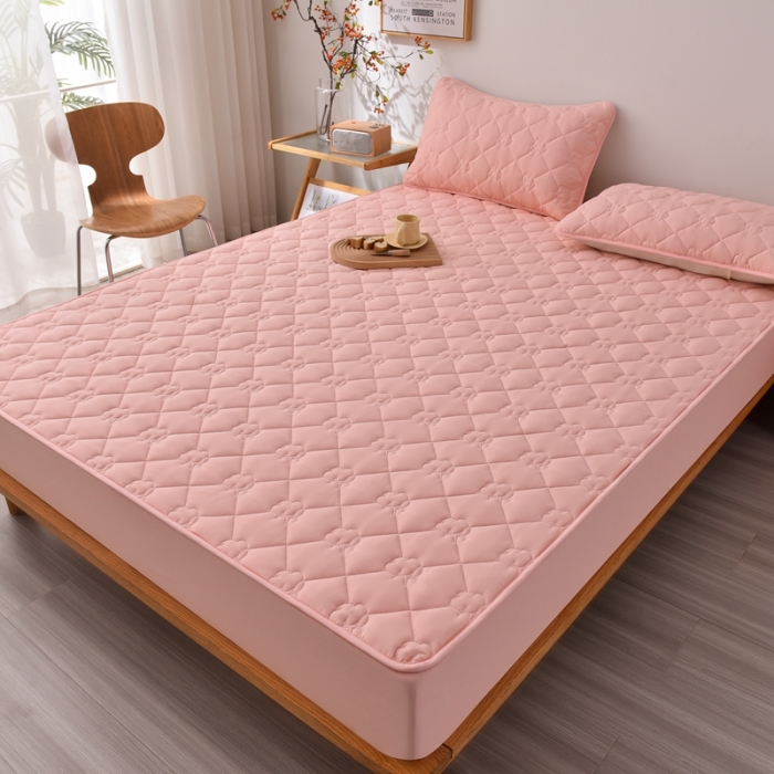 91家纺网 家纺一手货源 找家纺 A类新疆棉花填充夹棉床笠母婴级床笠单件纯色床罩保护罩套全包围 粉