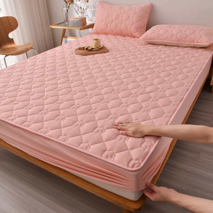 91家纺网 家纺一手货源 找家纺 A类新疆棉花填充夹棉床笠母婴级床笠单件纯色床罩保护罩套全包围 粉