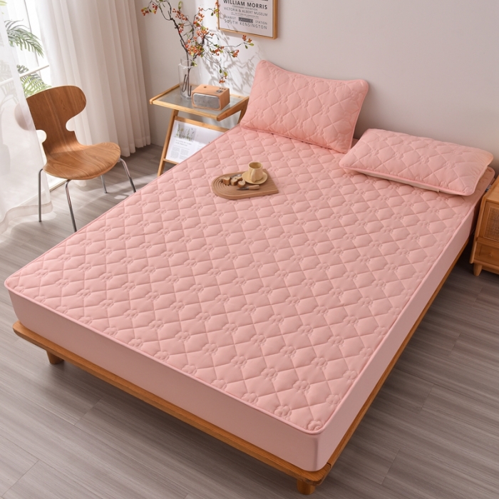 91家纺网 家纺一手货源 找家纺 A类新疆棉花填充夹棉床笠母婴级床笠单件纯色床罩保护罩套全包围 粉