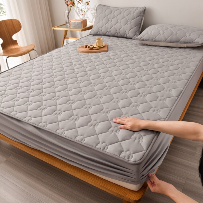 91家纺网 家纺一手货源 找家纺 A类新疆棉花填充夹棉床笠母婴级床笠单件纯色床罩保护罩套全包围 灰