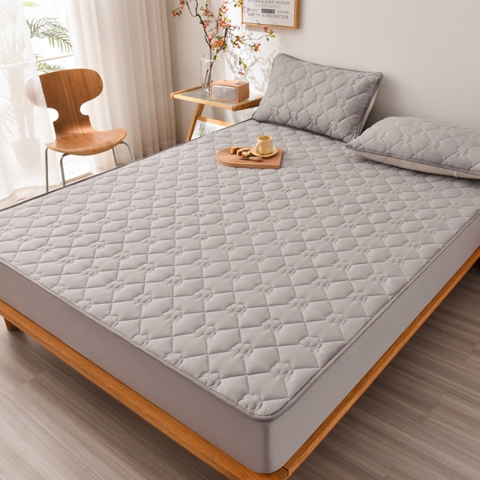 91家纺网 家纺一手货源 找家纺 A类新疆棉花填充夹棉床笠母婴级床笠单件纯色床罩保护罩套全包围 灰