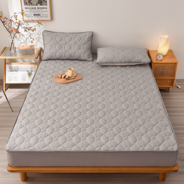 91家纺网 家纺一手货源 找家纺 A类新疆棉花填充夹棉床笠母婴级床笠单件纯色床罩保护罩套全包围 灰