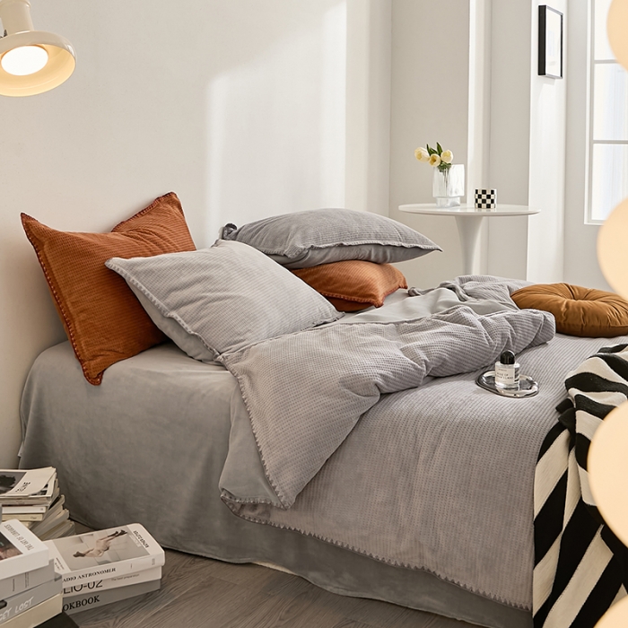 91家纺网 家纺一手货源 找家纺 邦妮家纺 2024新款华夫格贝壳边四件套 华夫格-高级灰