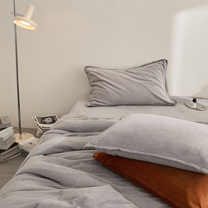 91家纺网 家纺一手货源 找家纺 邦妮家纺 2024新款华夫格贝壳边四件套 华夫格-高级灰