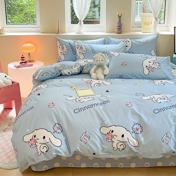 91家纺网 家纺一手货源 找家纺 金爱家 2023新款三丽鸥正版授权纯棉印花系列四件套 棉三丽鸥-牛奶玉桂狗