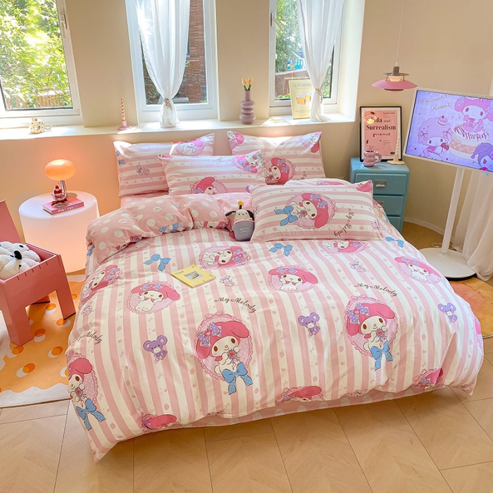 91家纺网 家纺一手货源 找家纺 金爱家 2023新款三丽鸥正版授权纯棉印花系列四件套 棉三丽鸥-甜甜美乐蒂