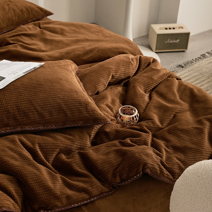 91家纺网 家纺一手货源 找家纺 邦妮家纺 2024新款华夫格贝壳边四件套 华夫格-深咖