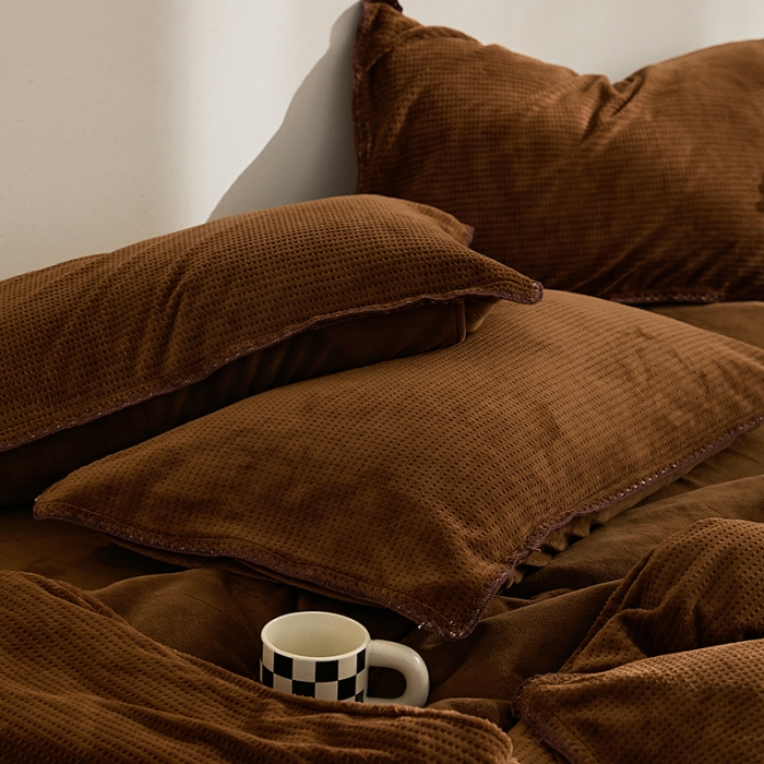 91家纺网 家纺一手货源 找家纺 邦妮家纺 2024新款华夫格贝壳边四件套 华夫格-深咖