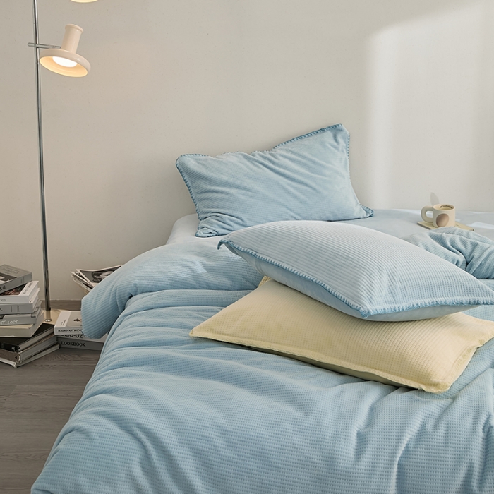 91家纺网 家纺一手货源 找家纺 邦妮家纺 2024新款华夫格贝壳边四件套 华夫格-天蓝