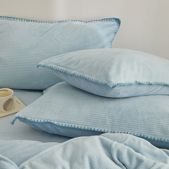 91家纺网 家纺一手货源 找家纺 邦妮家纺 2024新款华夫格贝壳边四件套 华夫格-天蓝