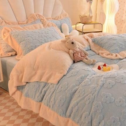 91家纺网 家纺一手货源 找家纺 首尔家纺 2023新款加厚塔芙绒牛奶绒四件套繁花三角形系列 繁花-淡蓝