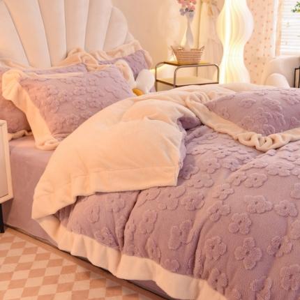 91家纺网 家纺一手货源 找家纺 首尔家纺 2023新款加厚塔芙绒牛奶绒四件套繁花三角形系列 繁花-淡紫