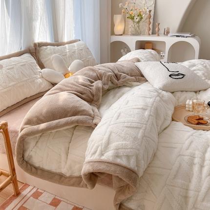 91家纺网 家纺一手货源 找家纺 首尔家纺 2023新款加厚塔芙绒牛奶绒四件套繁花三角形系列 三角形-象牙白